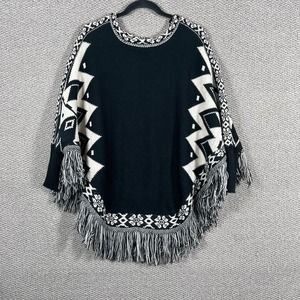 Natural Reflections Poncho‎ Sweater Womens OS Black Fringe Trim Southwestern